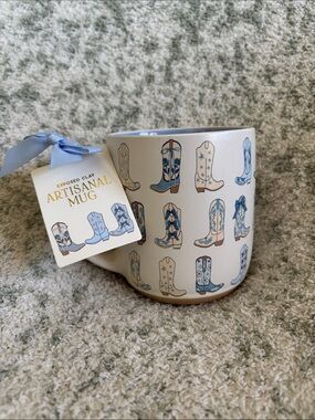 Cute Artisan Blue & Cream Cowboy Boot Ceramic Mug 16oz NWT Sunday Morning